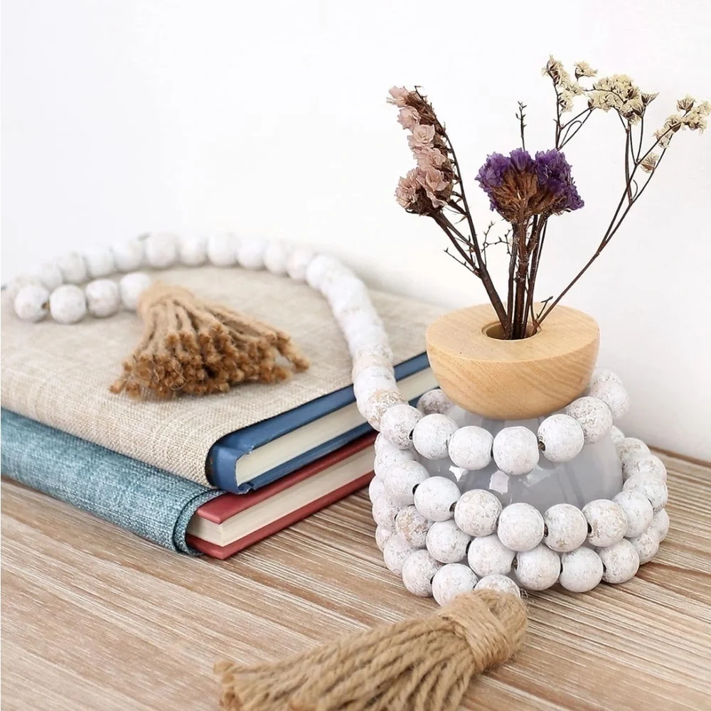 Rustic Boho Farmhouse Distressed White Beads/Wood Tie Tassel Garland Home Decor